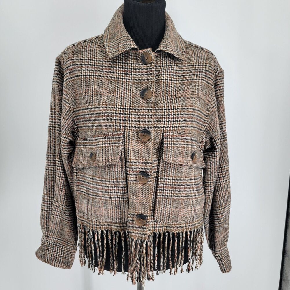 MB Womens XS Brown Glen Plaid Cropped Fringe Hem Pockets Shirt Trucker Jacket